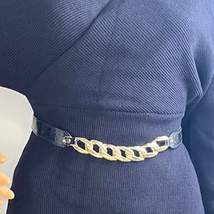 Vintage 90s Black Faux Crocodile Belt with Gold Chain Detail Size Small